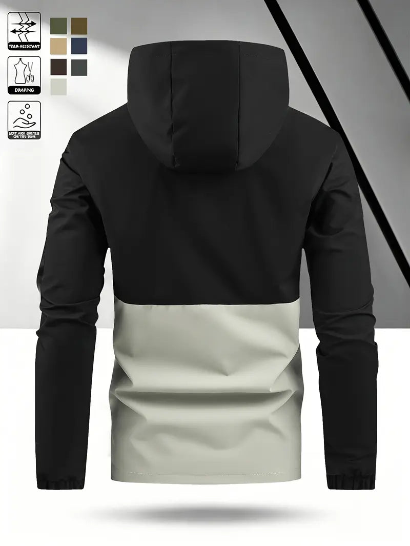 Men’s Color-Block Hooded Hardshell Coat - Tear-Resistant, Wear-Resistant Menswear with Contrast Zip, Multiple Waterproof Zippered Pockets, Adjustable Drawstring Hood, Long-Sleeve Outerwear for Autumn/Winter Mountaineering, Hiking