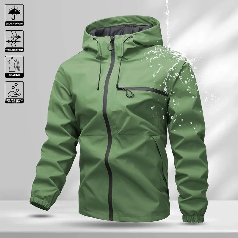 Men’s solid-color waterproof windproof hooded jacket with drawstring and zipper, casual long sleeves with zippered pockets, outdoor activity outerwear, men’s all-season clothing