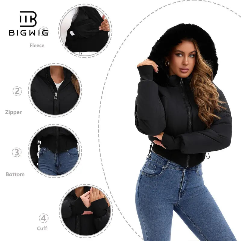 BIGWIG Women's Fitted Long-Sleeve Short Down Parka - 2025 Fashion New Style, Hooded, Stand-Up Collar, Quilted Filling, Zipper Closure, Outerwear Coats for Autumn & Winter Outings