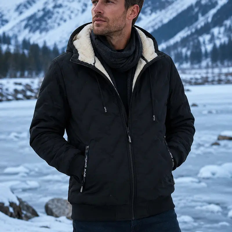 Men's winter jacket lined hooded jacket windproof and waterproof heavyweight outdoor warm jacket with safety zipper pocket high-performance filled bomb jacket lightweight geometric texture technology clothing black Sherpa Fleece