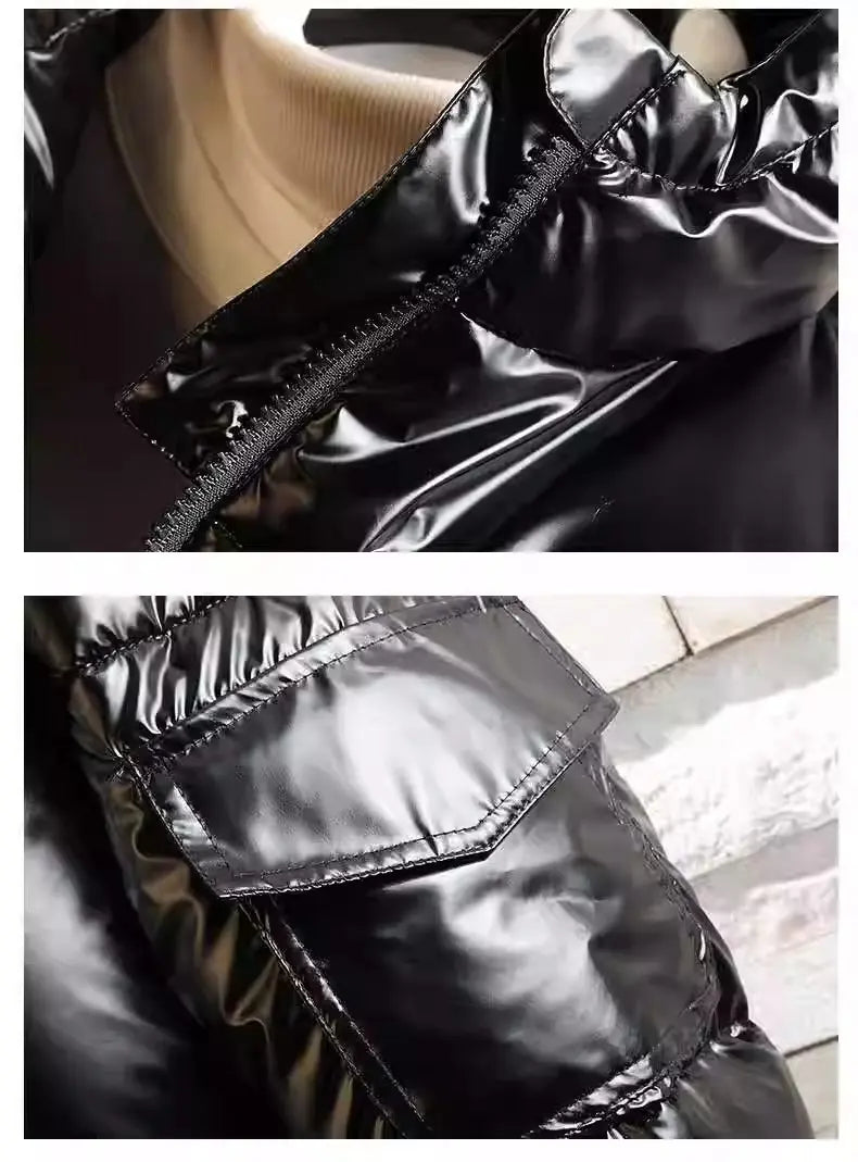 Mens Shiny Glossy Smooth Puffer Jacket - Zip-Up Hooded, Thick Cotton-Padded Menswear Garment, Ribbed, Windproof Thermal, Loose Fit, Clean Minimalist Stylish Casual Streetwear, Side Pockets for Cold Winter Comfort