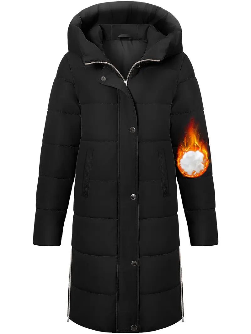 Womens Winter Long Puffer Coats Down Thicken Warm Quilted Jacket Mid-Length with Side Zipper and Hood Outerwear