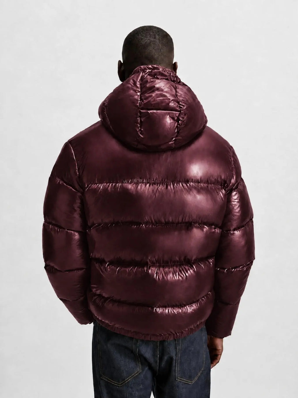 Men's Glossy Hooded Puffer Jacket, Full Zip Quilted Outerwear with Elastic Cuffs for Fall Winter Streetwear & Everyday Layering, Model Wears One Size Up for a Relaxed Look
