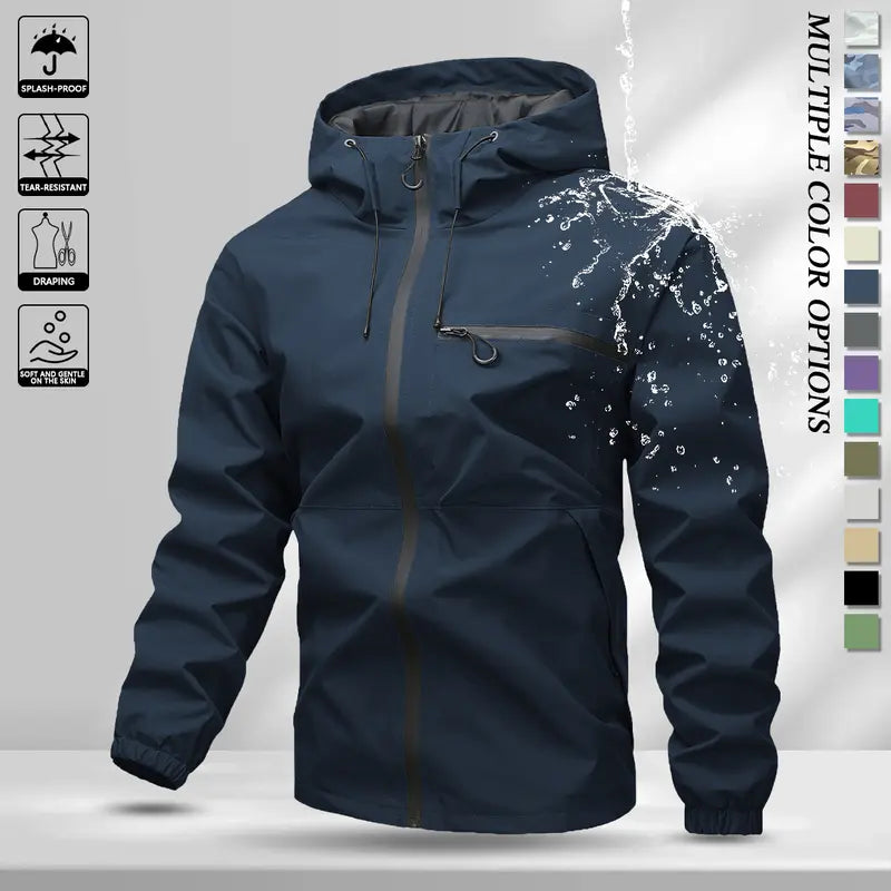 Men’s softshell lightweight windproof hooded jacket with drawstring design, sporty casual style, large front pocket, side zip closure, suitable for spring and autumn, back to school season outfits, long sleeve version ideal for outdoor wear in spring