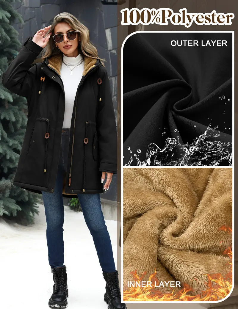 Parka Jacket Women Waterproof Fleece Lined Hooded Warm Winter Coat with Pockets for Daily Commute & Outdoor