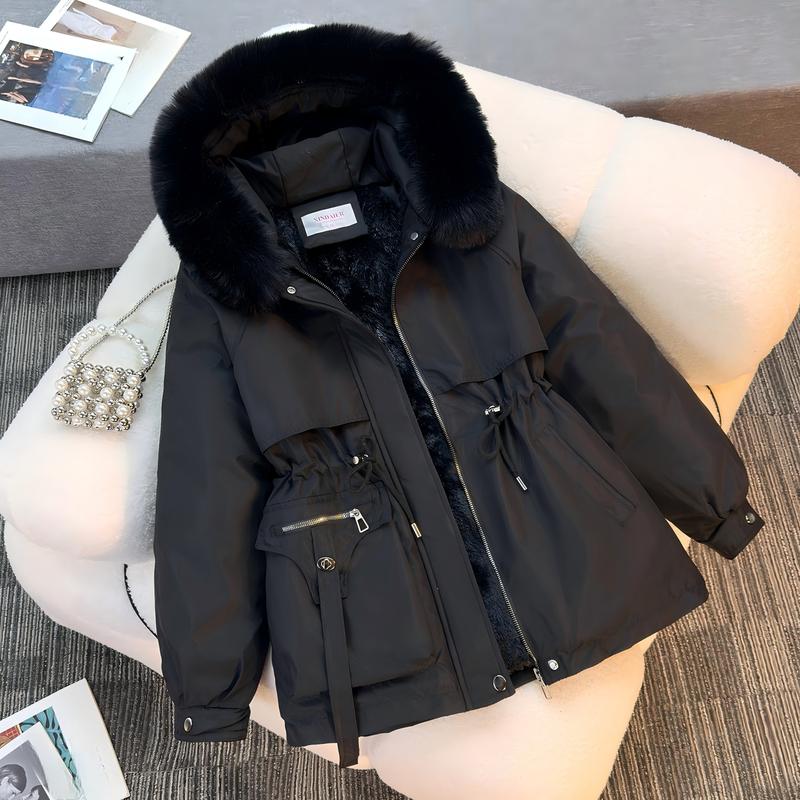 Women's Sports Down Coat, Casual Long-Sleeve Thick Layer Plain Clothes, Fleece-Lined Fitted Collared Warm Outdoor Daily Outerwear, Black Essential Sport & Outdoor Apparel
