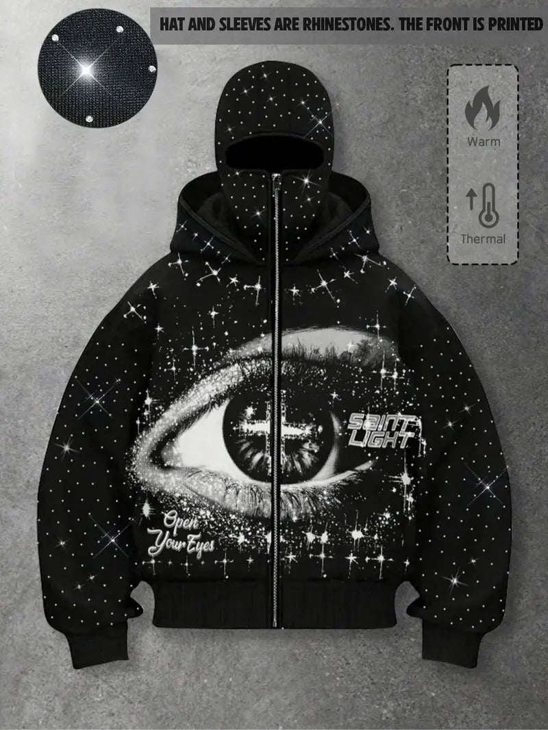 double hood rhinestone street casual loose men's zipper hoodie eye print sweatshirt, Graphic print hoodie autumn and winter fleece warm men and women brand Y2K jacket cool nightclub rock hip-hop music festival