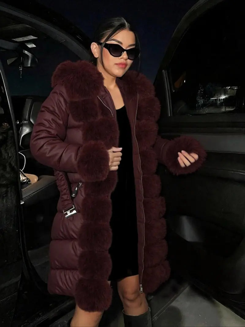 Women's Elegant Chic puffer Coat with Fleece Trim, Faux Fur & Belt, Mid-Length Fall Winter Hooded Fitted Woven Jacket, Warm Daily Wear Outerwear Tops, Womenswear