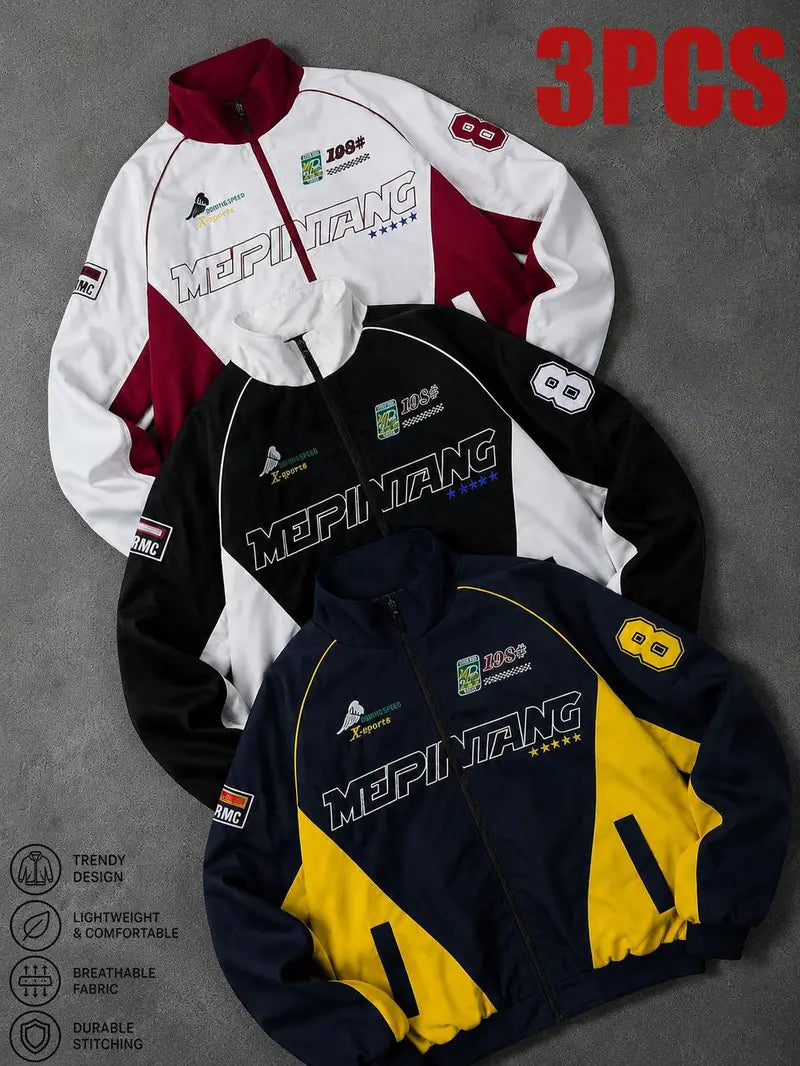 Men’s Thin Windproof Polyester Casual Racing Jacket - Lightweight, Embroidered Fashion Pattern Outerwear, Breathable Sporty Active Urban Moto Men's Jacket, Unisex All-Season Coat, Breathable Jacket