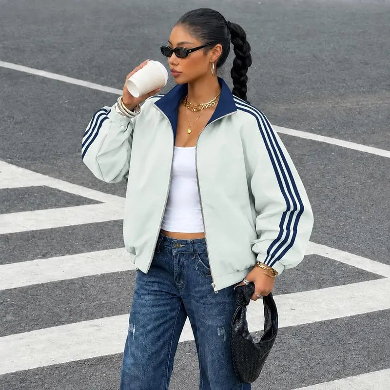 Women Reversible Zip Up Track Jacket, Striped Sleeve Stand Collar Windbreaker, Two Wear Ways Loose Drop Shoulder Outerwear, Elastic Cuffs Casual Athletic Coat, Lightweight Reversible Sport Jacket For Daily Streetwear, Shopping And Weekend Hangouts