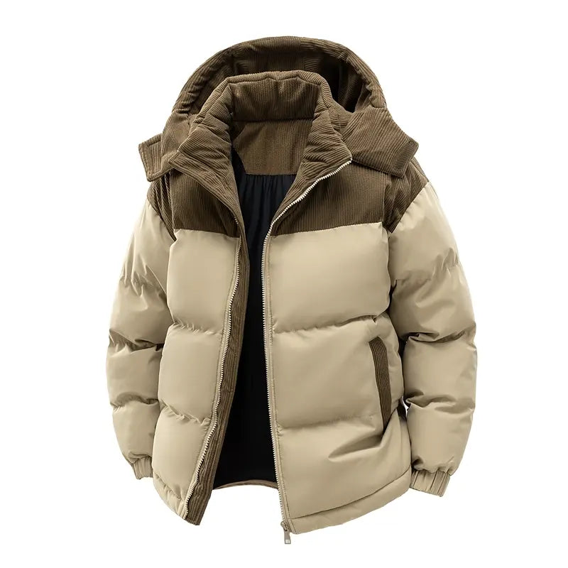 Men's Winter Color-Block Hooded Down Jacket - Thick, Warm, Loose-Fit, Detachable Hood, Contrasting Panels, Ideal for Everyday Commuting, Outdoor Activities
