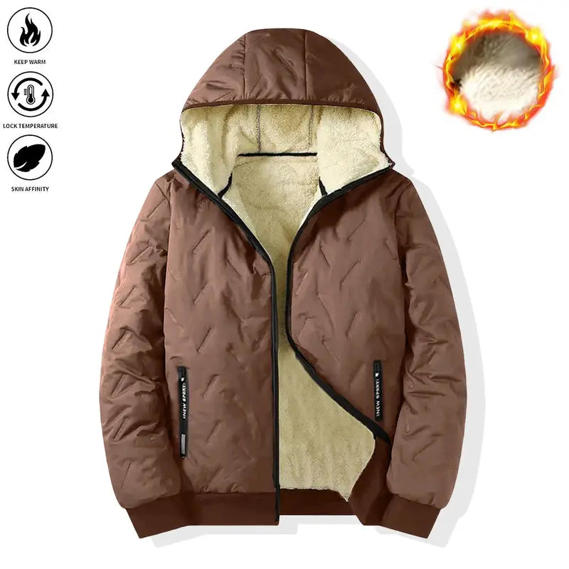 Men’s Basic Korean Woven Winter Hooded Jacket, Thick Warm Zip-Up Windproof Outerwear with Full Zipper Closure, Front Pockets, Suitable for Outdoor Sports, Commuting, Cold Weather Menswear Coats Long Sleeve Motocross Beige