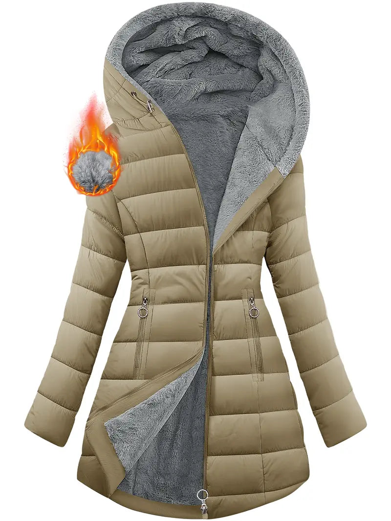 Women's Winter Thickened Down Jacket Warm Long Puffer Coat Fleece Lined Parka Outerwear with Faux Fur Hood Tops Womenswear Long Sleeve
