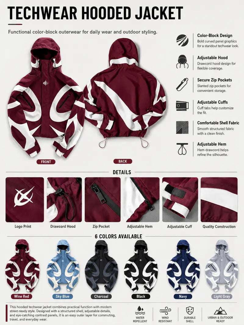 Men's Outdoor Streetwear Hooded Jacket, Techwear Color Block Windbreaker, Lightweight Water Resistant Zip Up Coat, Utility Pocket Casual Shell, Adjustable Hood, Urban Hiking Travel Motorcycle Fall Spring Outerwear, Men's Fashion Daily Wear, TrendyFit