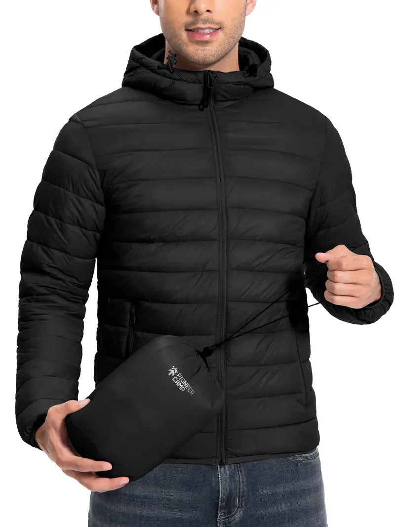 Pioneer Camp Men's Lightweight Packable Hooded Heated Puffer Jacket - Male Clothing, Windproof, Thermal Long Sleeve, Full Zip Front, 6-Pocket, Insulated, Breathable Bubble Cotton, Elastic Cuff Outerwear with Polyester Fill for Running, Travel