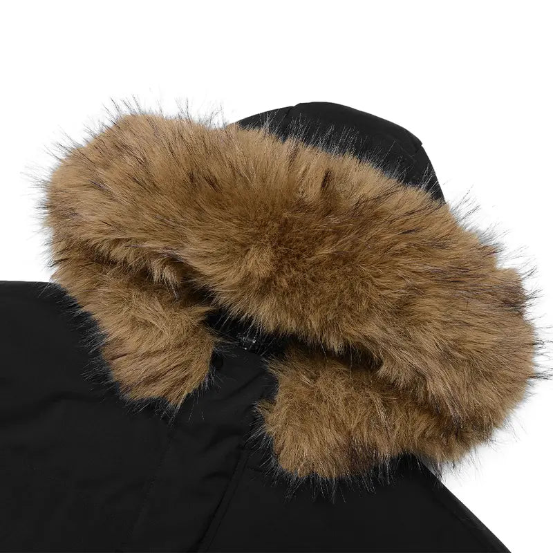 All-Black Men's Woven Hooded Jacket - Winter Thick Warm Slim Fit Long-Sleeve Casual Top, Detachable Faux Fur Collar, Couples Style, Zipper, Drawstring, Layering Outerwear Essential, M Size, Fitted Fleece Lining, New Year Wear