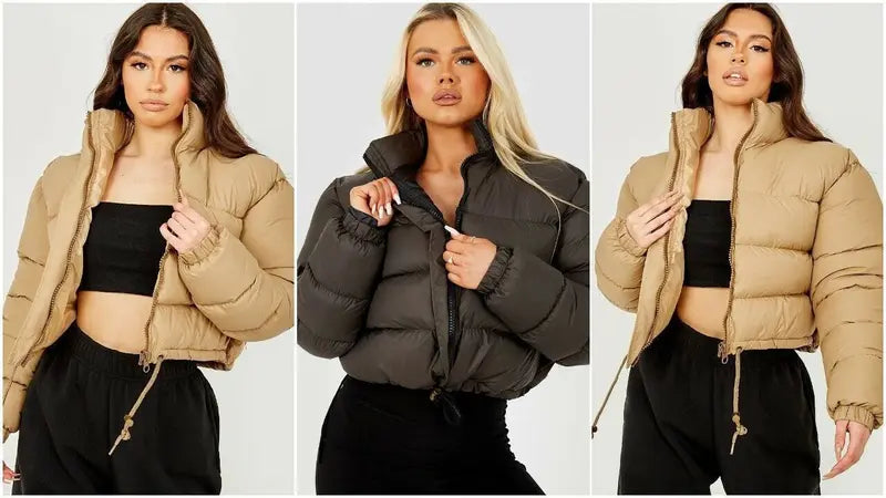 BIGWIG women's short down jacket, zipper thickened quilted short coat, drawstring winter down jacket, autumn and winter cotton jacket, windproof, waterproof and cold-proof cotton jacket, puffer jacket, fashionable zipper stand collar