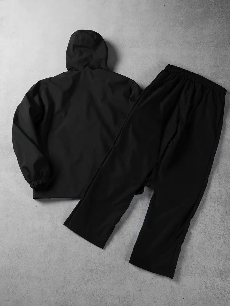 Men’s Streetwear 2-Piece Tracksuit Set, Hooded Windbreaker Jacket & Wide Leg Trousers with Contrasting Line Design, Lightweight Wind-Resistant for Urban Hangouts & Sports