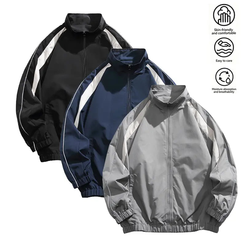 Men's Color Block Stand Collar Track Jacket, Full Zip Loose Fit Windbreaker, Breathable Easy Care Skin-Friendly Casual Streetwear Outerwear for Spring Fall Daily Wear