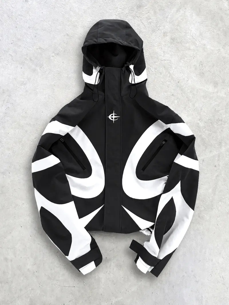 Men's Outdoor Streetwear Hooded Jacket, Techwear Color Block Windbreaker, Lightweight Water Resistant Zip Up Coat, Utility Pocket Casual Shell, Adjustable Hood, Urban Hiking Travel Motorcycle Fall Spring Outerwear, Men's Fashion Daily Wear, TrendyFit