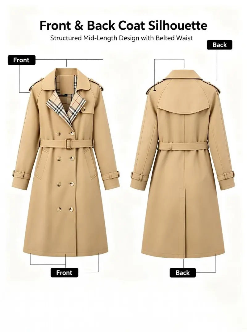 New autumn women’s loose long coat featuring a double-breasted design, khaki trench style, notched lapel with plaid lining, and an adjustable waist belt that cinches the silhouette—an essential piece for spring and autumn outfits.sohochic sohochic...