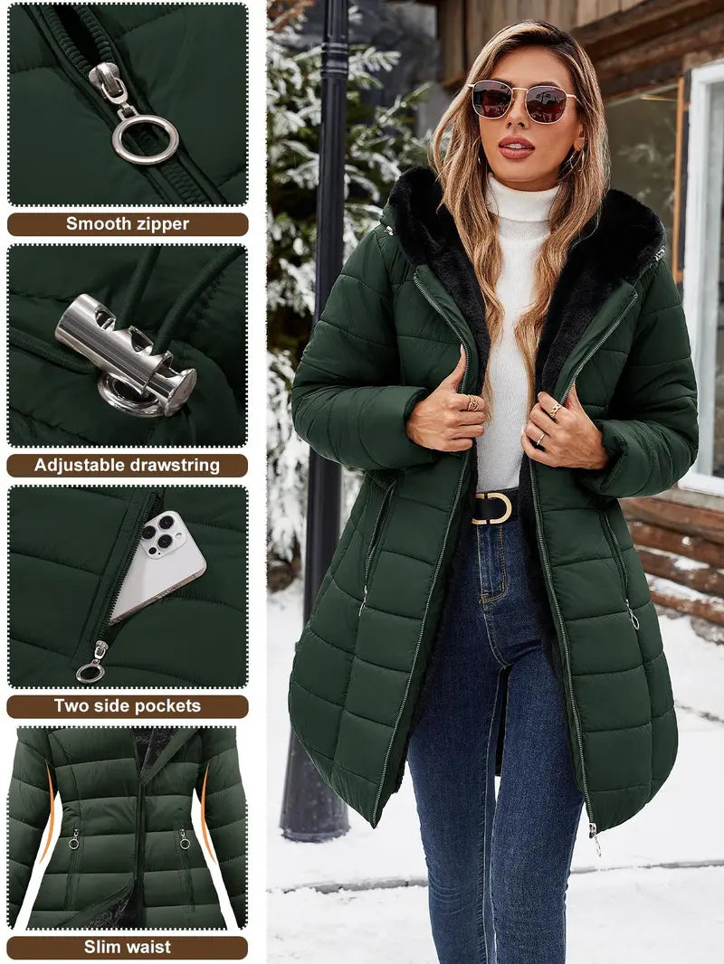 HEEKPEK Lady's Hooded Neck Fitted Long Sleeve Full Arm Down Fabric Jacket - Windproof, Waterproof, Fur-Lined, Zipper Front, Stylish Tops for Women for Commuting, Outdoor Activities