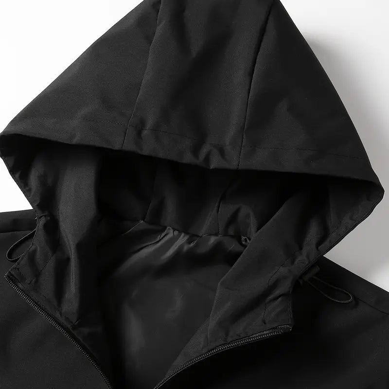 Men's Black Hooded Windbreaker Coat - Menswear Tops, Multi-Pocket Design with Yellow Contrast Tabs, Drawstring Adjustable Hood, Elastic Cuffs & Hem, Water-Repellent Fabric, Full Zip, Plain, Machine Wash for Spring Autumn Urban Street Casual Outfits