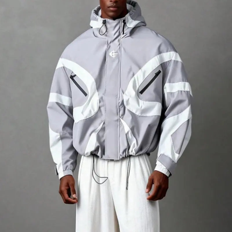 Men's Color-Block Patchwork Tiered Layer Polyester Windbreaker - Hooded Waterproof Medium-Length Zip-Up Jacket for Hiking, Commuting, Polyester Clothes, Machine Washable