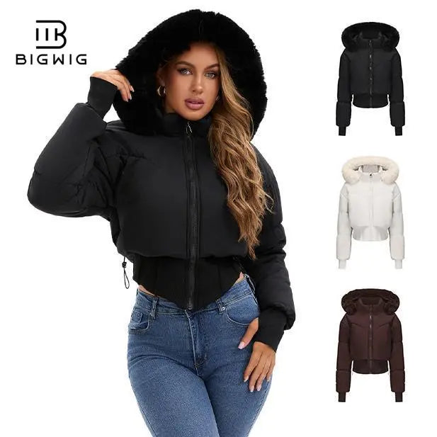 BIGWIG Women's Fitted Long-Sleeve Short Down Parka - 2025 Fashion New Style, Hooded, Stand-Up Collar, Quilted Filling, Zipper Closure, Outerwear Coats for Autumn & Winter Outings