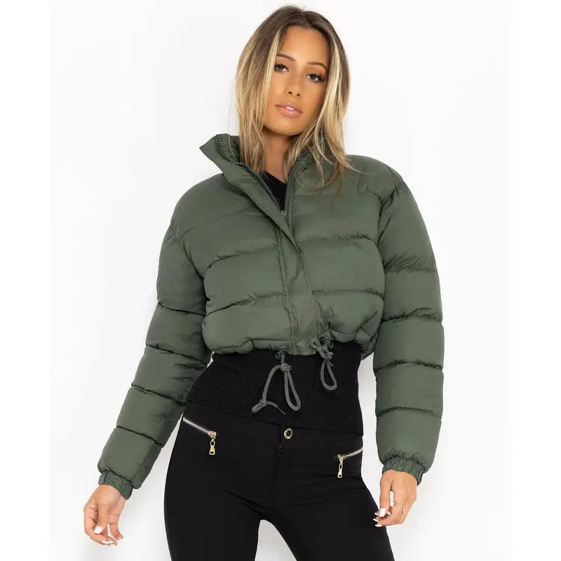 BIGWIG women's short down jacket, zipper thickened quilted short coat, drawstring winter down jacket, autumn and winter cotton jacket, windproof, waterproof and cold-proof cotton jacket, puffer jacket, fashionable zipper stand collar