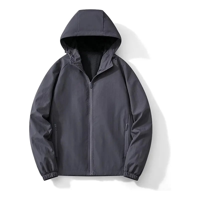 Men's Solid-Color Minimalist Full-Zip Hooded Active Jacket - Soft, Lightweight, Windproof, Breathable, Stylish, Elastic Mesh - Athlete Jackets, Casual Athletic, Black + Gray for Outdoor Hiking, Casual Wear