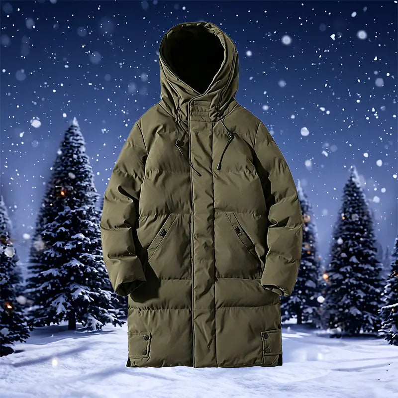 Men’s Winter Long Plain Puffer Jacket (Plus Size/Big & Tall) - Polyester-Filled Heavyweight Quilted Windproof Coat, Adjustable Drawstring Hood, Snap Buttons Hem, Zip-Up Street Chic Warm Jacket for Extreme Cold