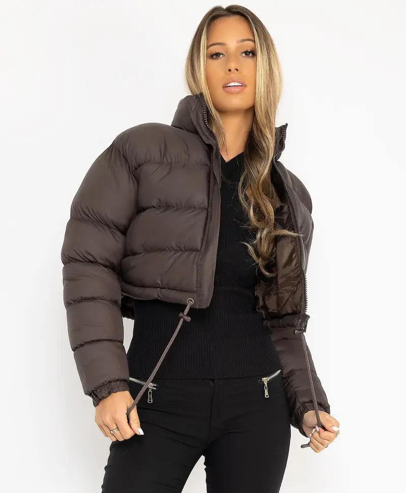 BIGWIG women's short down jacket, zipper thickened quilted short coat, drawstring winter down jacket, autumn and winter cotton jacket, windproof, waterproof and cold-proof cotton jacket, puffer jacket, fashionable zipper stand collar