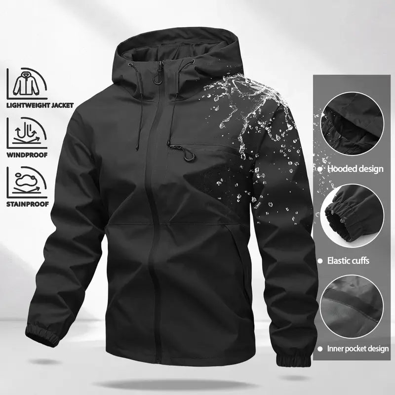 Unisex all-weather waterproof windproof jacket | Lightweight outerwear with a hood and adjustable brim, suitable for hiking and everyday wear, with adjustable cuffs—ideal for hiking and commuting