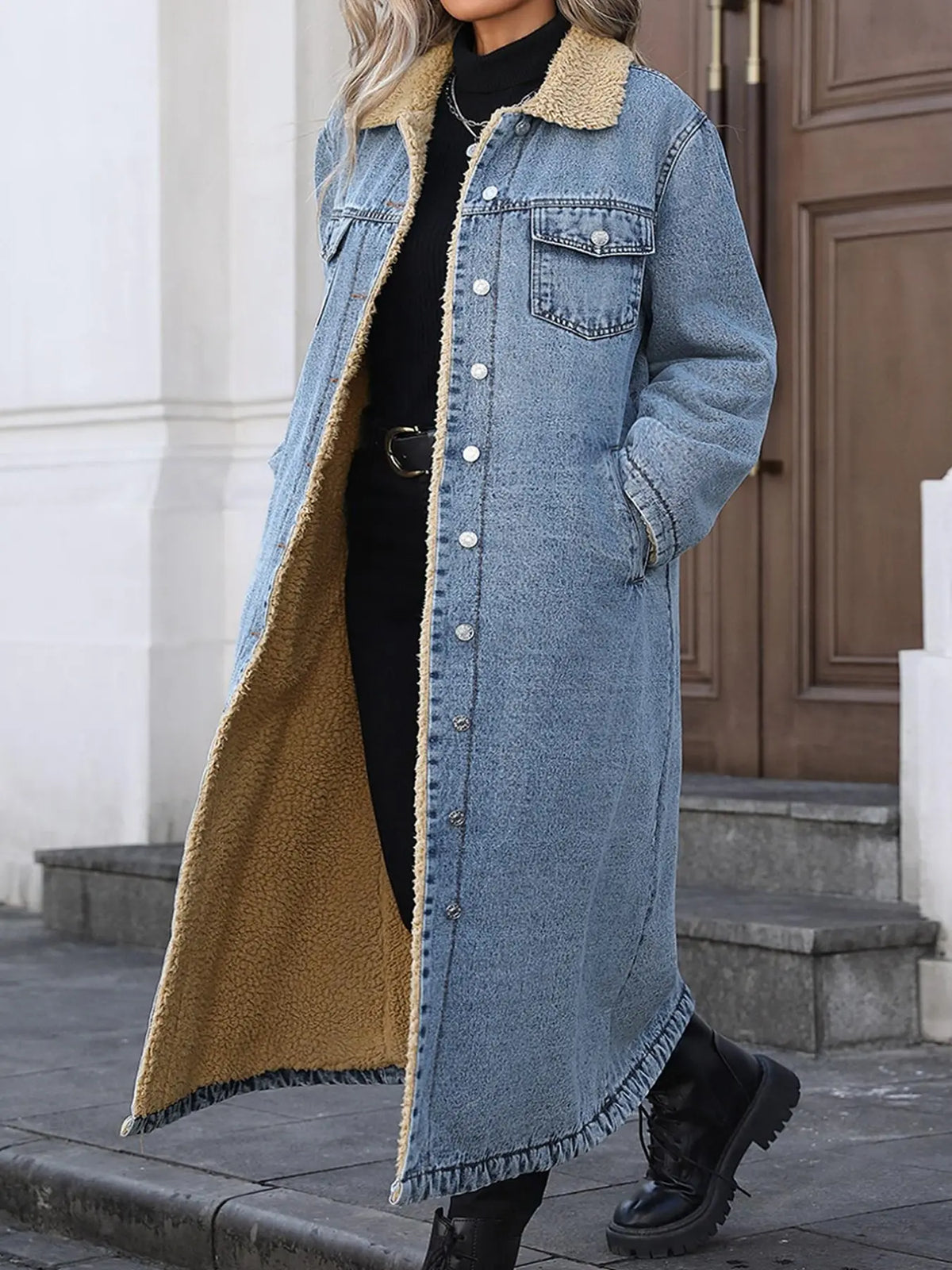 Women's Fall and Winter Casual Loose-Fit Long Jacket, Elegant Turn-Down Collar Warm-Lined Denim Coat for Plus-Size Women