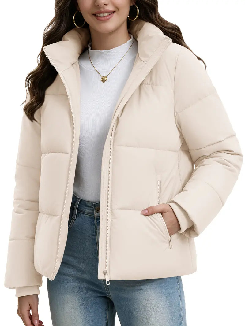 Women's Short Puffer Winter Jacket, Detachable Hood, SBS Zipper, Water Repellent 100% Polyester Fabric, Windproof Ribbed Cuffs, Secure Zip Pockets Casual Warm Outerwear for Daily Outdoor Wear