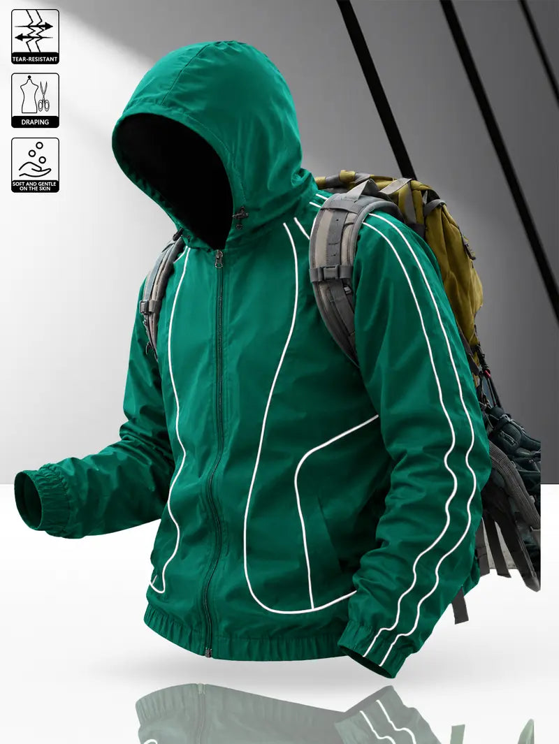 Men's windproof waterproof jacket, breathable outdoor hiking coat, foldable hat design, lightweight and durable, all weather use, suitable for spring and summer in thin styles.