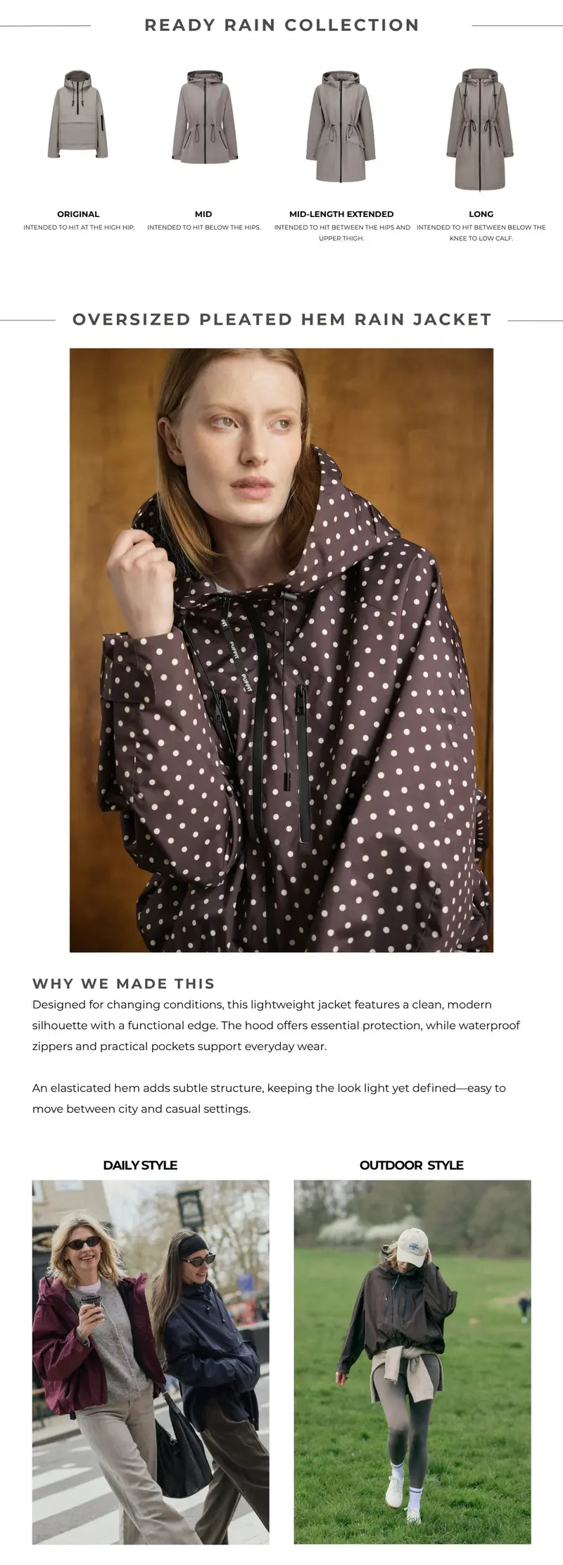 【Restocked】PUFFIT STM-TEX Short One-Size Rain Jacket With Pleated Hem,Hooded Jacket,Waterproof Jacket,Women Jacket,Wide-Brim Hood,Adjustable Cuffs,Zips,Outdoor Sport,Windbreaker,Fall,Winter,Dog Walking,School Running,Stylish,Womenswear,2026 Shopping