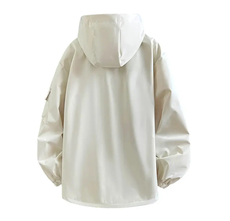 Men’s hooded windbreaker jacket, water-resistant fabric loose cargo outerwear with multiple zippered pockets, everyday outdoor casual top
