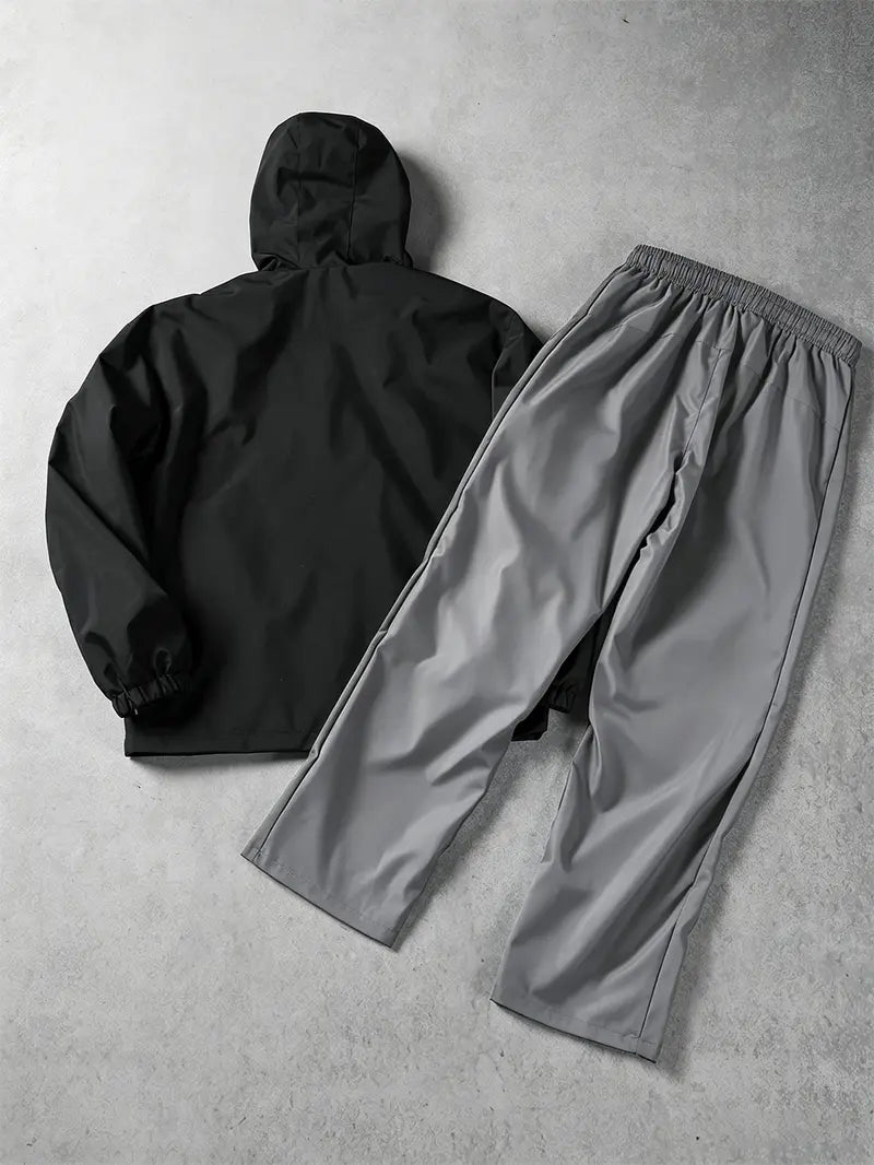 Men’s Streetwear 2-Piece Tracksuit Set, Hooded Windbreaker Jacket & Wide Leg Trousers with Contrasting Line Design, Lightweight Wind-Resistant for Urban Hangouts & Sports