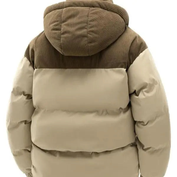 Men's Casual Thick Hooded Down Jacket, Polyester Fiber Filled, Winter Color Block Design, Long Sleeve Detachable Hat, Warm Outerwear, Coats