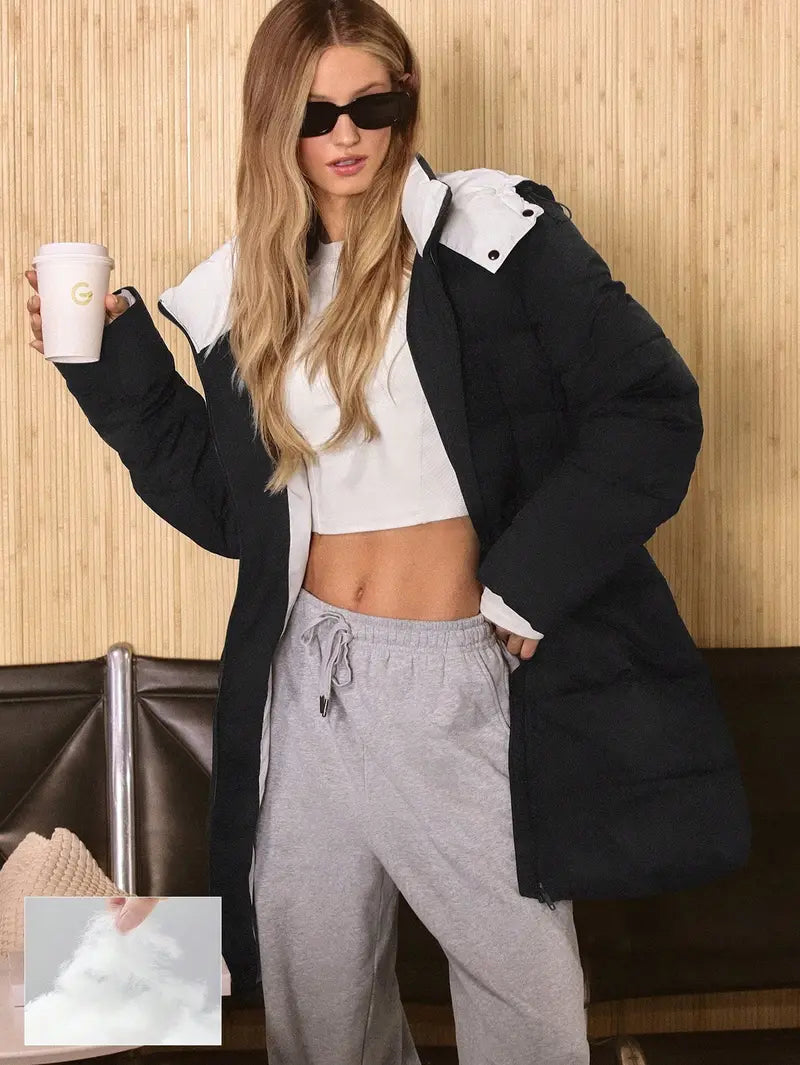 GLOWMODE Chic In Warmth Blizzard Flex Matte Soft Cozy Insulating Zipper Snap Button Closure Pockets Detachable Hood Hip-To-Mid-Knee Length Puffer Jacket Autumn Winter Outdoors Daily Casual Wear