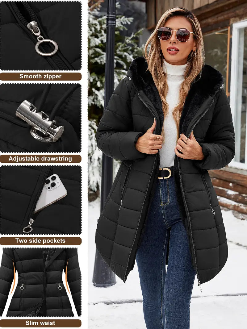 Women's Winter Thick Down Jacket - Casual Winter Coat, Longsleeves, Medium Length Fleece-Lined Parka with Faux Fur Hood Outerwear Black Basic