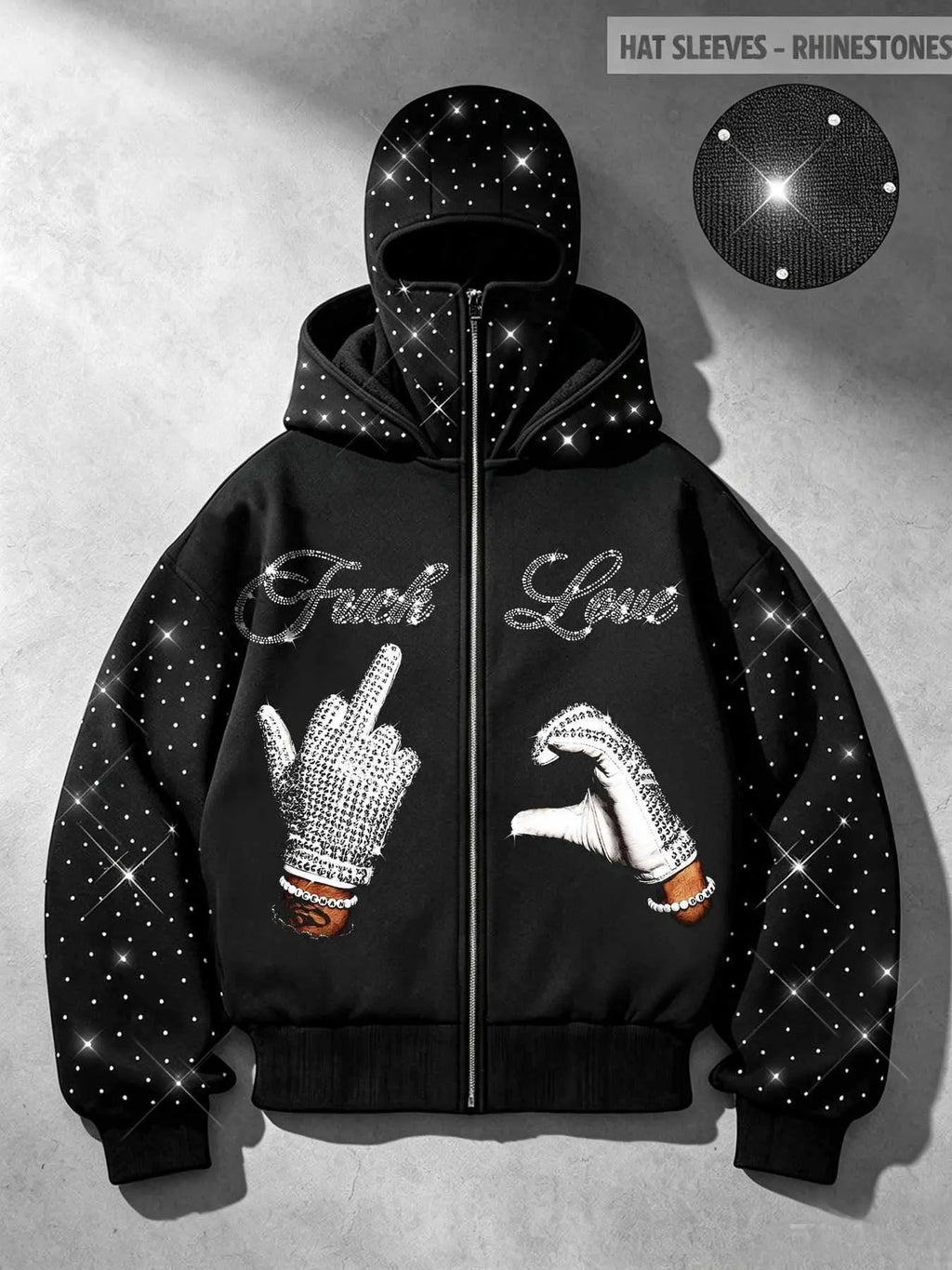 double hood rhinestone street casual loose men's zipper hoodie eye print sweatshirt, Graphic print hoodie autumn and winter fleece warm men and women brand Y2K jacket cool nightclub rock hip-hop music festival