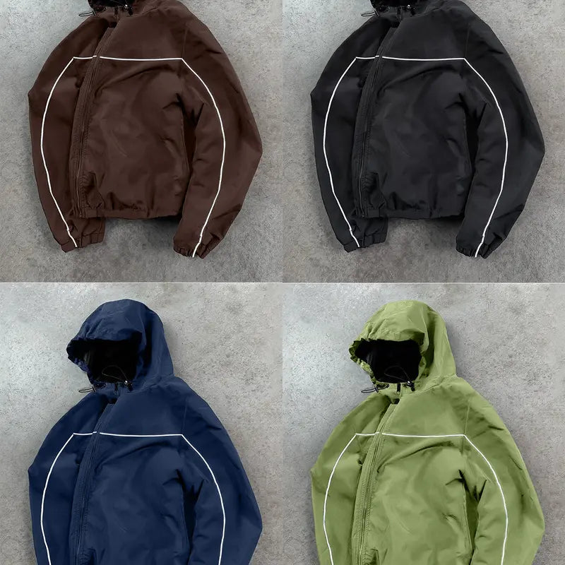Men’s 3-Pack Hooded Full-Zip Lightweight Jackets, Reflective Piping Windbreaker Coats, Casual Outdoor Zip-Up Jackets with Elastic Cuffs & Hem, Fall/Spring Everyday Streetwear, Black/Navy/Green
