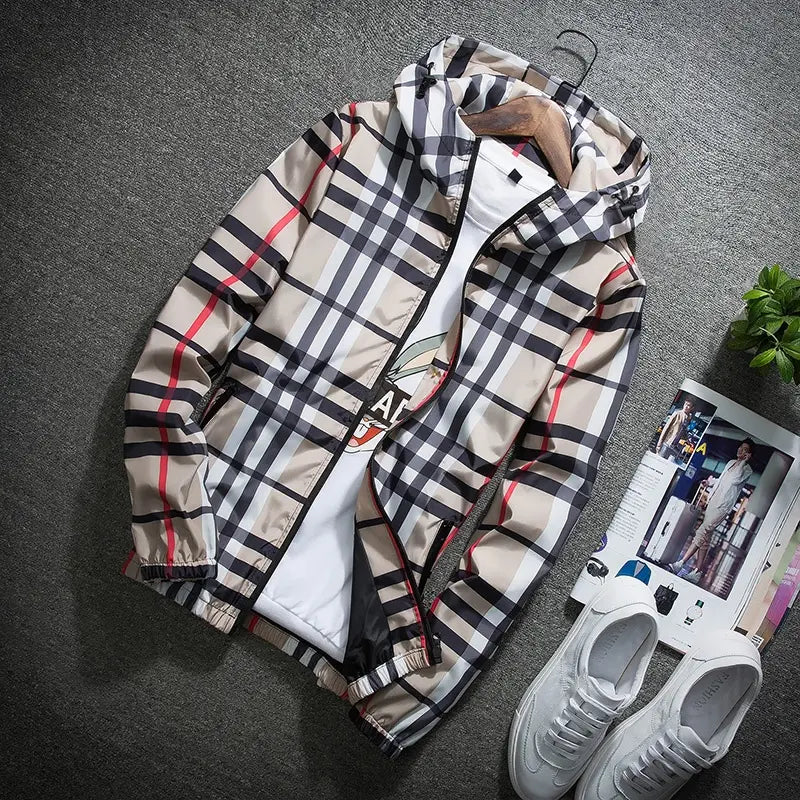 Men’s lightweight hooded jacket (with a stand collar option), zip-up windbreaker featuring adjustable drawstring and color-block stripe design, spring/autumn fashion style, men’s jacket, men’s outerwear, stylish khaki plaid pattern sohochic