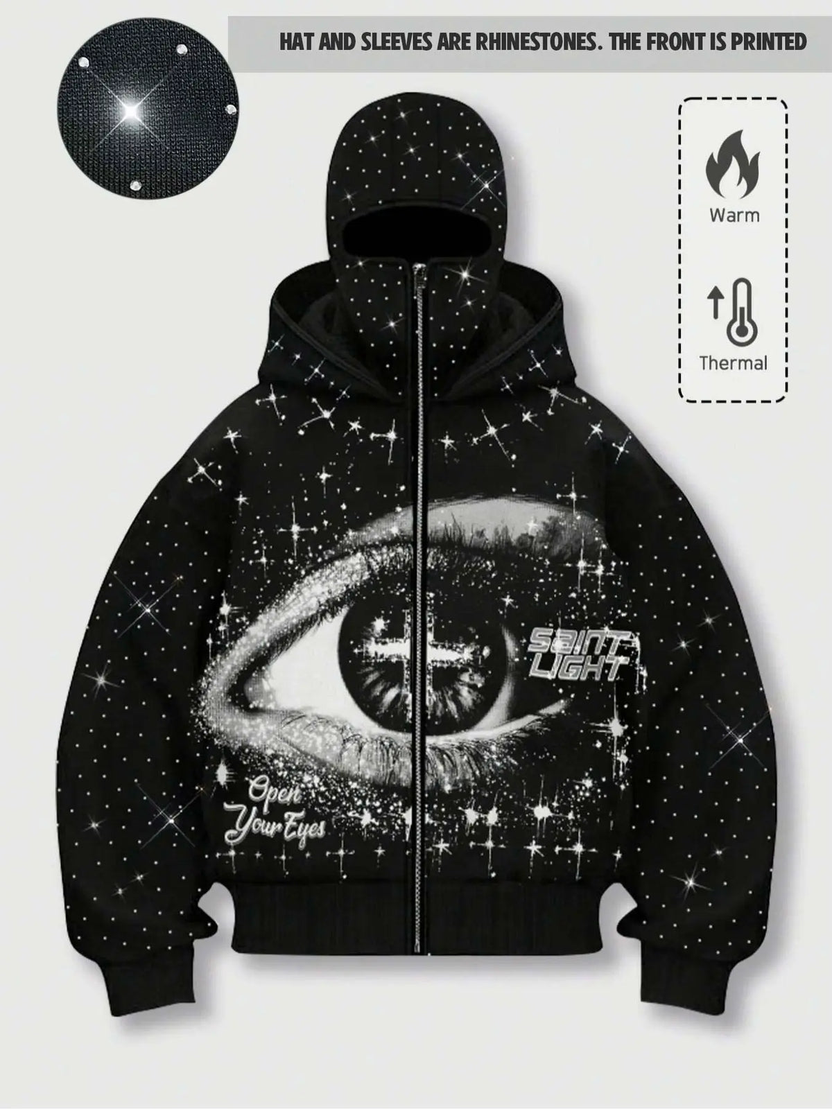 double hood rhinestone street casual loose men's zipper hoodie eye print sweatshirt, Graphic print hoodie autumn and winter fleece warm men and women brand Y2K jacket cool nightclub rock hip-hop music festival