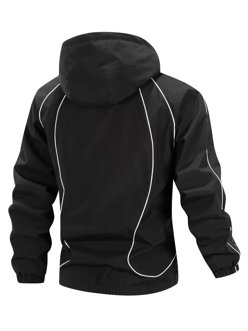 Men's Chic Woven Waterproof Windproof Front Zip Hooded Jacket - Rain-Ready Year-Round Menswear Top Coat with Drawstring, Striped Print, Zipper Pockets, Suitable for Outdoor Activities - SpringStatements