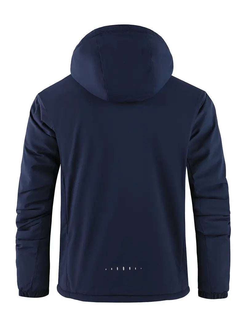 Men’s thickened waterproof windproof outdoor hooded ski jacket, slim-fit all-season sports outerwear suitable for winter camping and hiking, with a windproof hood