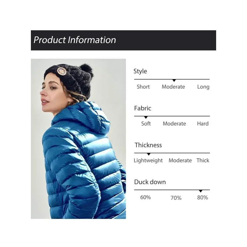 Lady's Packable ThermoLite II Down Puffer Jacket, Lightweight Hooded Clothes with Hood, Women's Tops for Cold Weather (Duck Down Filling)